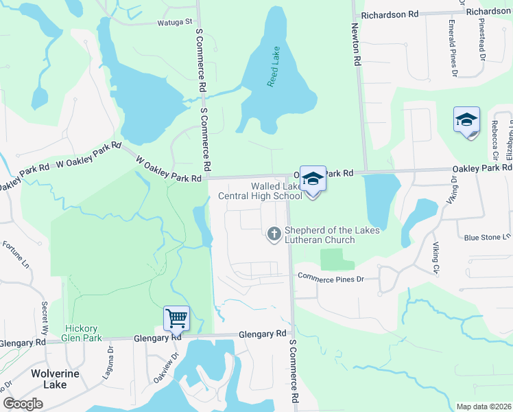 map of restaurants, bars, coffee shops, grocery stores, and more near 2799 Heron Hills Drive in Wolverine Lake