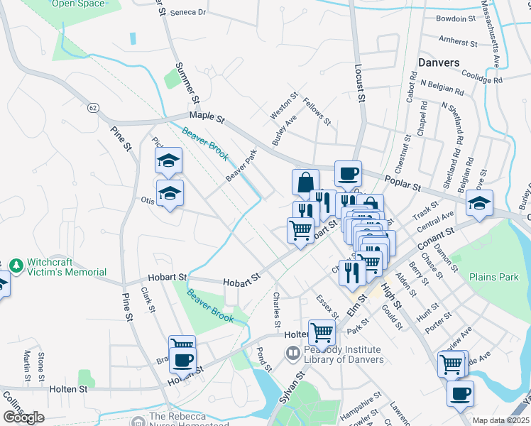 map of restaurants, bars, coffee shops, grocery stores, and more near 6 Venice Street in Danvers