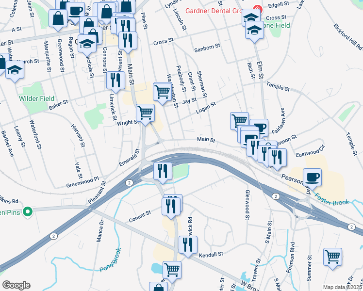 map of restaurants, bars, coffee shops, grocery stores, and more near 435 Main Street in Gardner