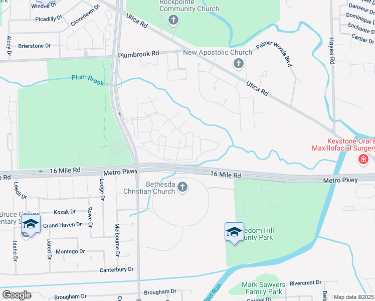 map of restaurants, bars, coffee shops, grocery stores, and more near 14230 Camelot Drive in Sterling Heights