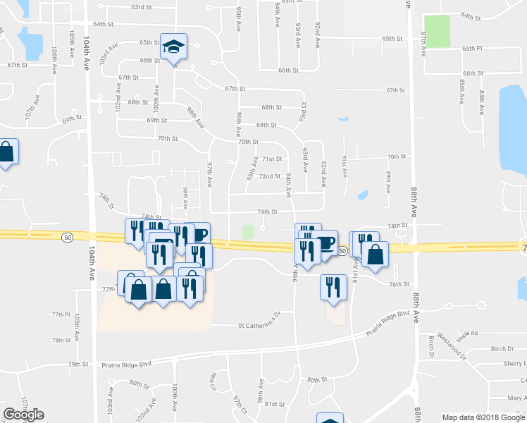 map of restaurants, bars, coffee shops, grocery stores, and more near 7400 95th Avenue in Kenosha
