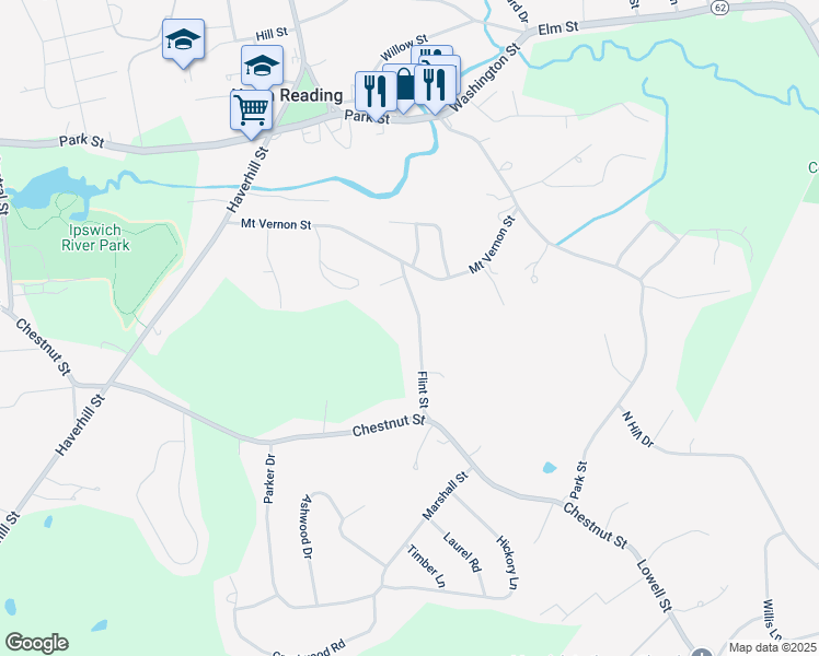 map of restaurants, bars, coffee shops, grocery stores, and more near 16 Flint Street in North Reading
