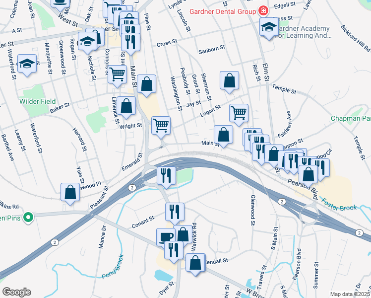map of restaurants, bars, coffee shops, grocery stores, and more near 435 Main Street in Gardner