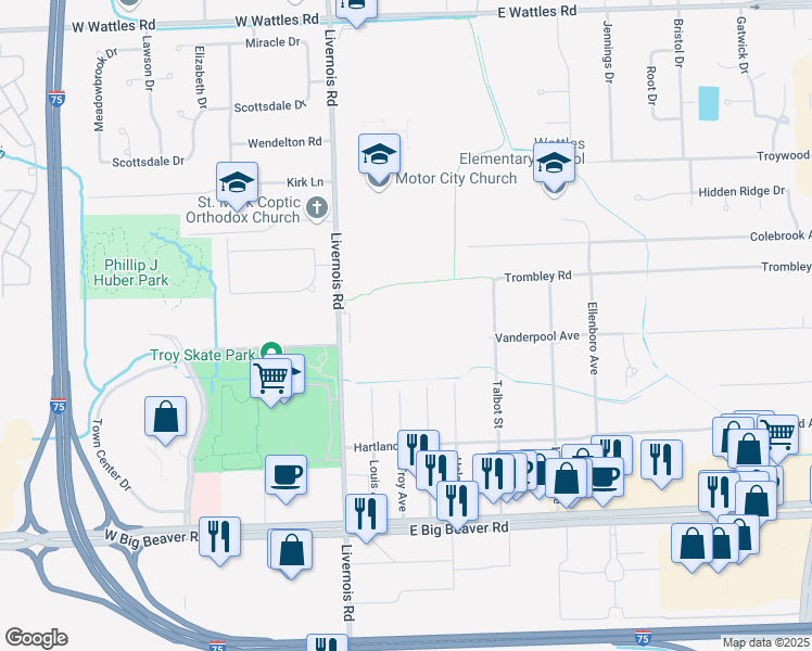 map of restaurants, bars, coffee shops, grocery stores, and more near 3424 Livernois Road in Troy