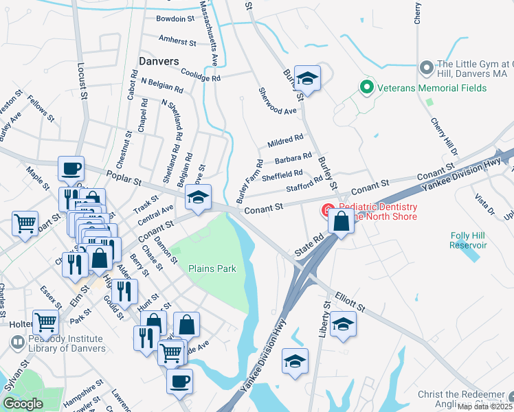 map of restaurants, bars, coffee shops, grocery stores, and more near 86 Conant Street in Danvers
