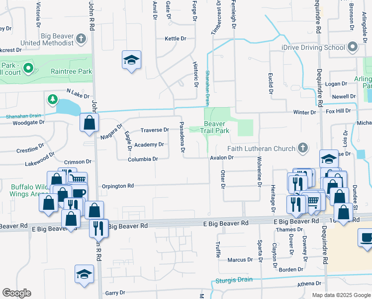 map of restaurants, bars, coffee shops, grocery stores, and more near 3425 Rowland Court in Troy