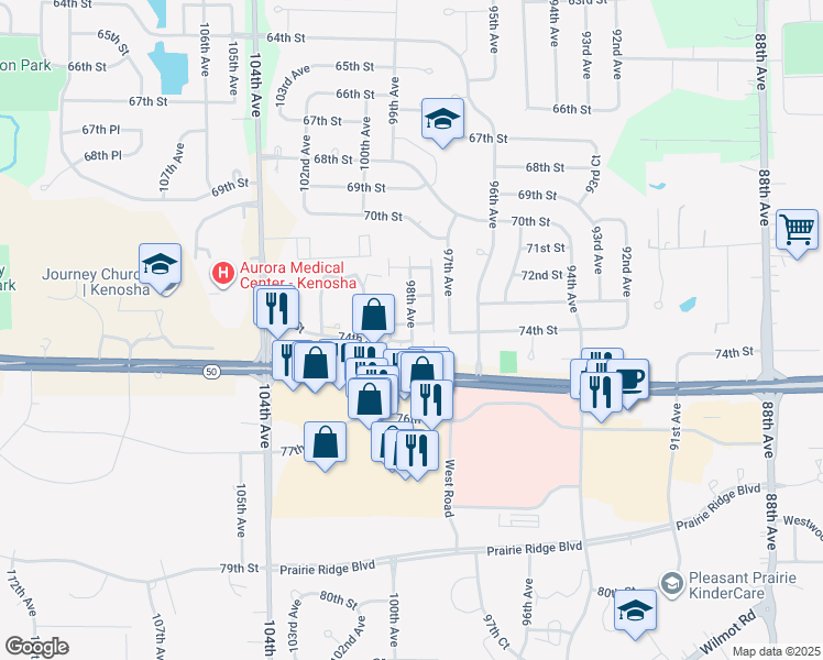 map of restaurants, bars, coffee shops, grocery stores, and more near 7311 98th Avenue in Kenosha