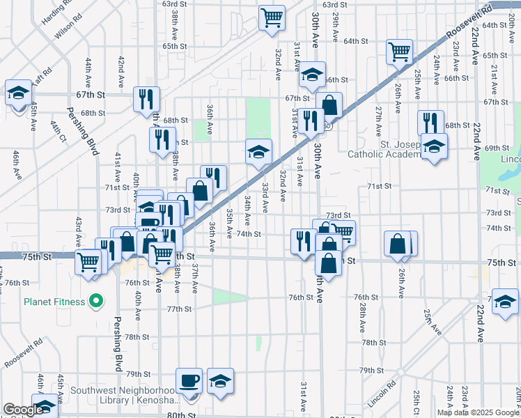map of restaurants, bars, coffee shops, grocery stores, and more near 7204 33rd Avenue in Kenosha