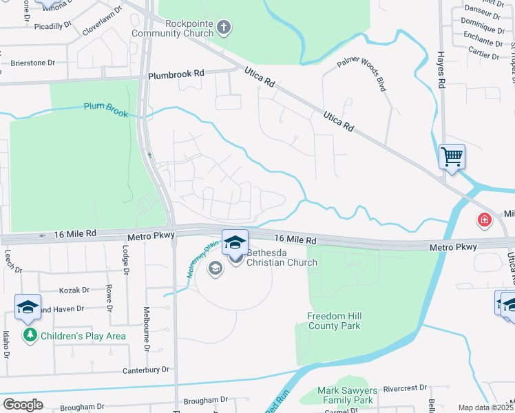 map of restaurants, bars, coffee shops, grocery stores, and more near 14230 Camelot Drive in Sterling Heights