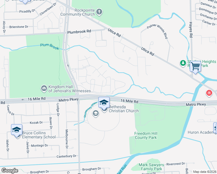 map of restaurants, bars, coffee shops, grocery stores, and more near 14230 Camelot Drive in Sterling Heights