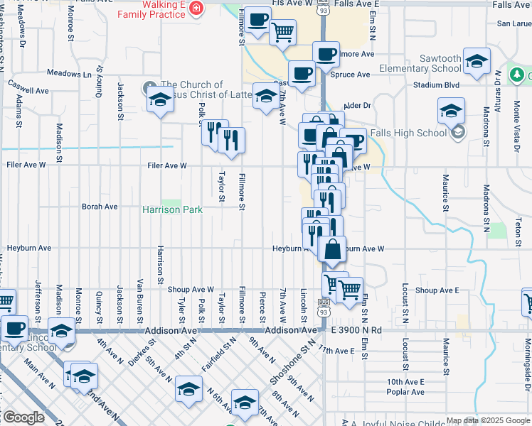 map of restaurants, bars, coffee shops, grocery stores, and more near 386 Pierce Street in Twin Falls