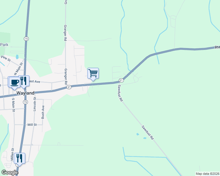 map of restaurants, bars, coffee shops, grocery stores, and more near 2680 State Route 21 in Wayland