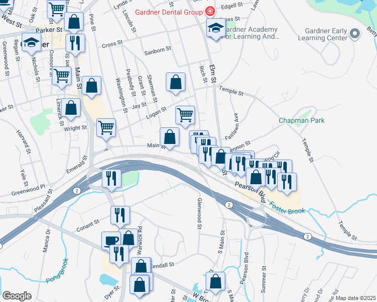 map of restaurants, bars, coffee shops, grocery stores, and more near 562 Main Street in Gardner