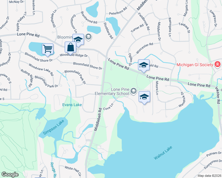 map of restaurants, bars, coffee shops, grocery stores, and more near 4670 Cove Road in West Bloomfield Township
