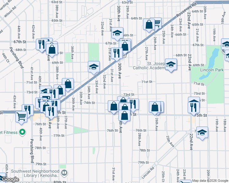 map of restaurants, bars, coffee shops, grocery stores, and more near 7201 31st Avenue in Kenosha