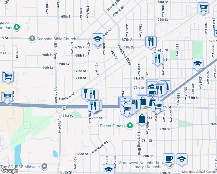 map of restaurants, bars, coffee shops, grocery stores, and more near 7217 45th Avenue in Kenosha