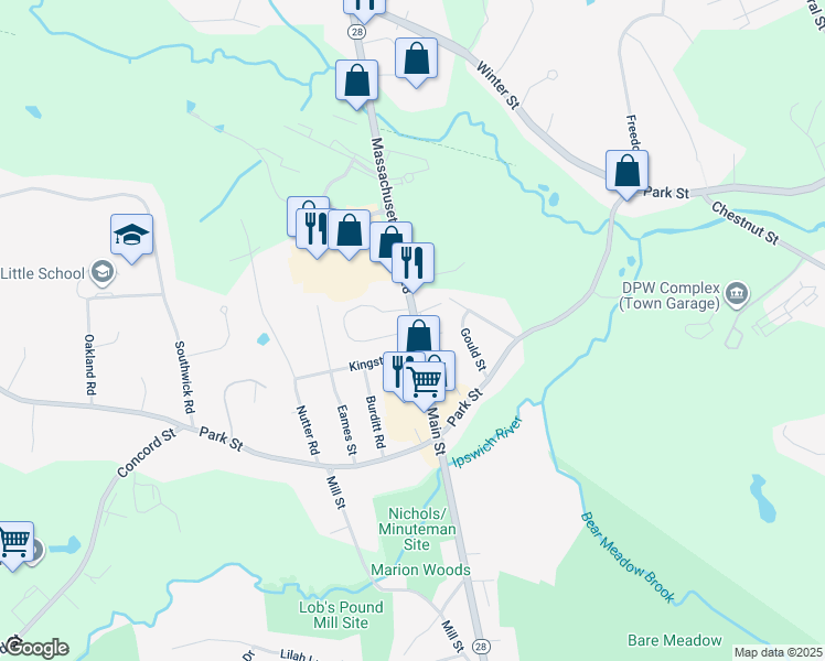 map of restaurants, bars, coffee shops, grocery stores, and more near 36 Main Street in North Reading