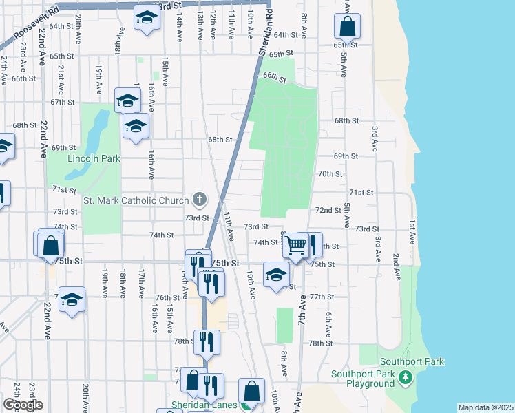 map of restaurants, bars, coffee shops, grocery stores, and more near 904 72nd Street in Kenosha