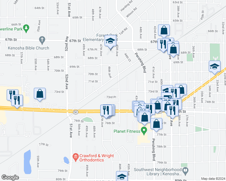 map of restaurants, bars, coffee shops, grocery stores, and more near 4609 73rd Street in Kenosha