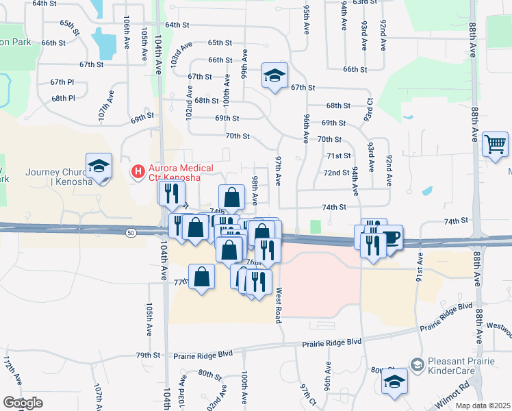 map of restaurants, bars, coffee shops, grocery stores, and more near 7304 98th Avenue in Kenosha