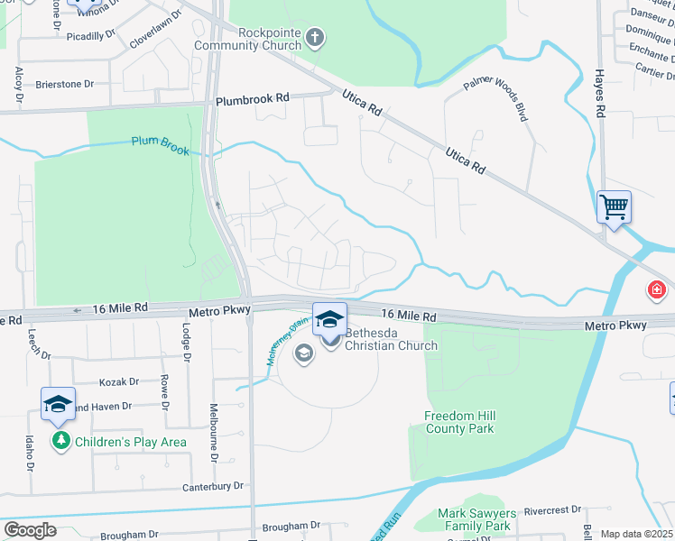 map of restaurants, bars, coffee shops, grocery stores, and more near 14230 Camelot Drive in Sterling Heights