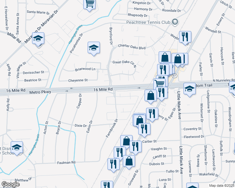 map of restaurants, bars, coffee shops, grocery stores, and more near 36984 Farmbrook Drive in Macomb County