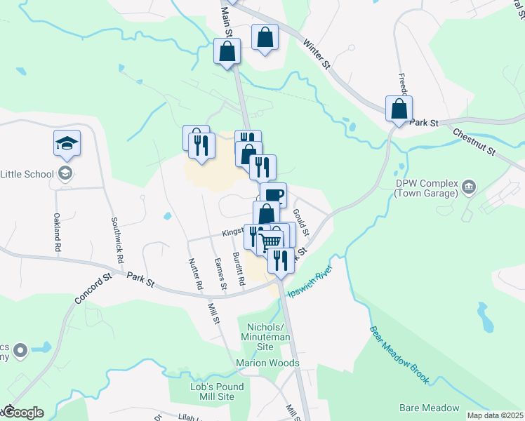 map of restaurants, bars, coffee shops, grocery stores, and more near 44 Main Street in North Reading