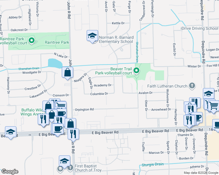 map of restaurants, bars, coffee shops, grocery stores, and more near 2304 Academy Drive in Troy