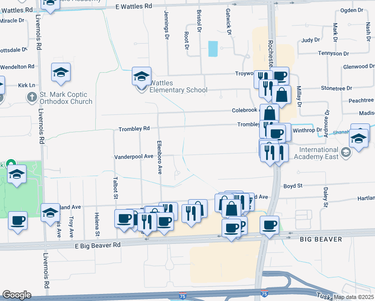 map of restaurants, bars, coffee shops, grocery stores, and more near 625 Vanderpool Avenue in Troy