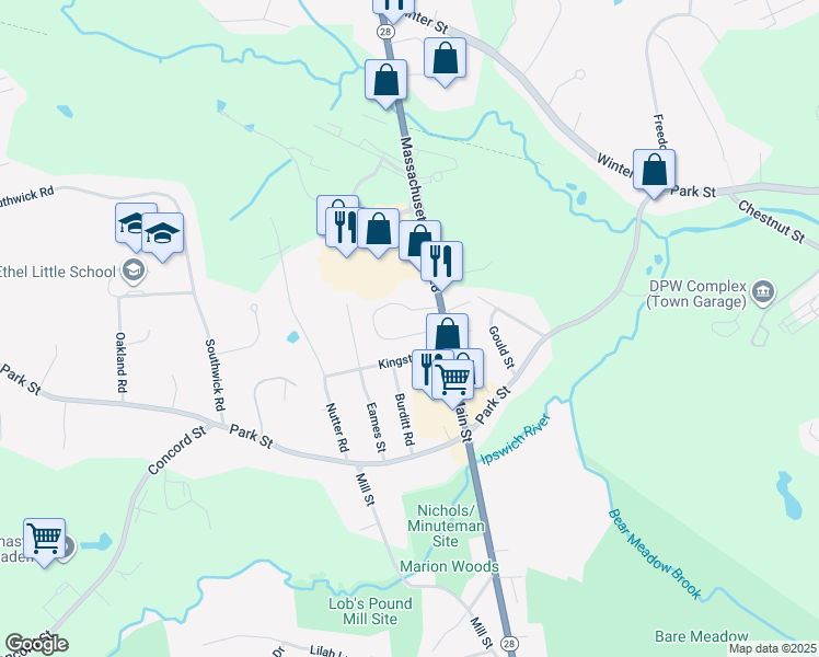 map of restaurants, bars, coffee shops, grocery stores, and more near 40 Main Street in North Reading