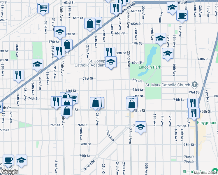 map of restaurants, bars, coffee shops, grocery stores, and more near 2418 73rd St in Kenosha