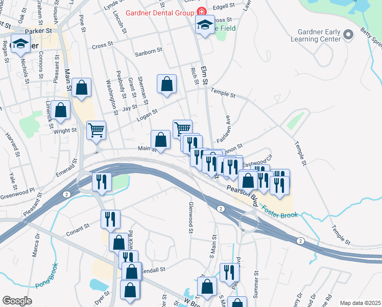 map of restaurants, bars, coffee shops, grocery stores, and more near 446-482 Chestnut Street in Gardner