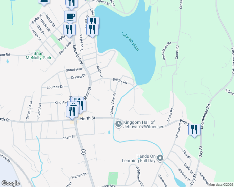 map of restaurants, bars, coffee shops, grocery stores, and more near 32 Valley View Road in Leominster