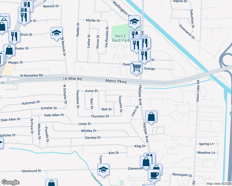 map of restaurants, bars, coffee shops, grocery stores, and more near 23771 Medina Street in Clinton Township