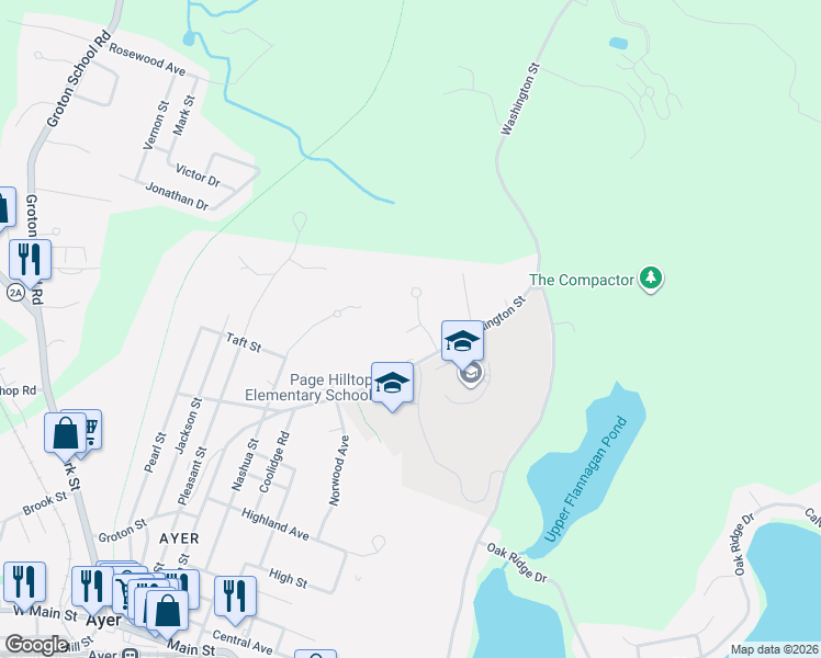 map of restaurants, bars, coffee shops, grocery stores, and more near 5 Briggs Circle in Ayer