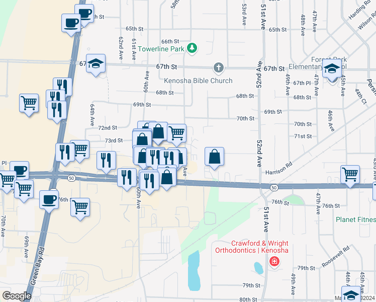 map of restaurants, bars, coffee shops, grocery stores, and more near 7311 57th Avenue in Kenosha