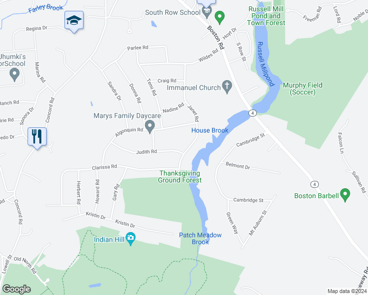 map of restaurants, bars, coffee shops, grocery stores, and more near 29 Janet Road in Chelmsford