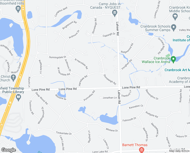 map of restaurants, bars, coffee shops, grocery stores, and more near 855 Harsdale Road in Bloomfield Hills