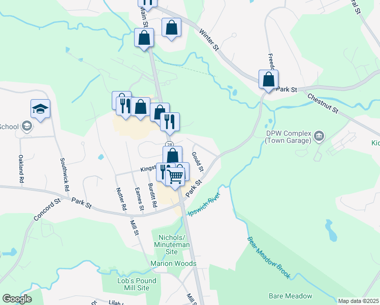 map of restaurants, bars, coffee shops, grocery stores, and more near 14 Gould Street in North Reading