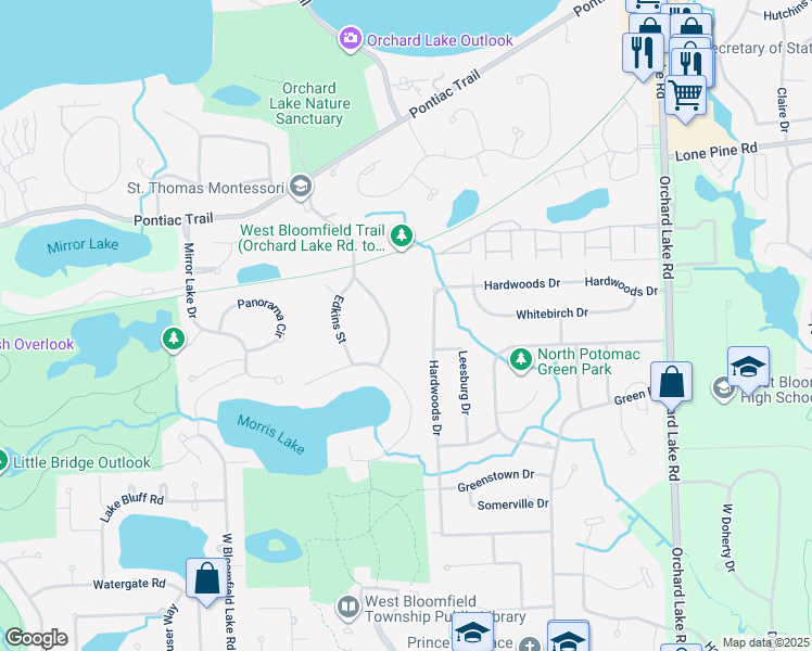 map of restaurants, bars, coffee shops, grocery stores, and more near in West Bloomfield Township