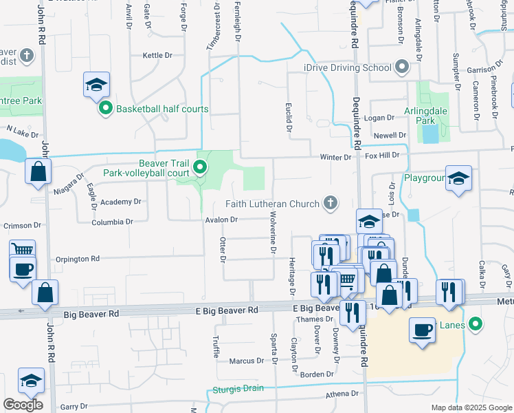 map of restaurants, bars, coffee shops, grocery stores, and more near 2678 Locksley Court in Troy