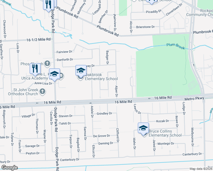 map of restaurants, bars, coffee shops, grocery stores, and more near 37239 Belcrest Drive in Sterling Heights