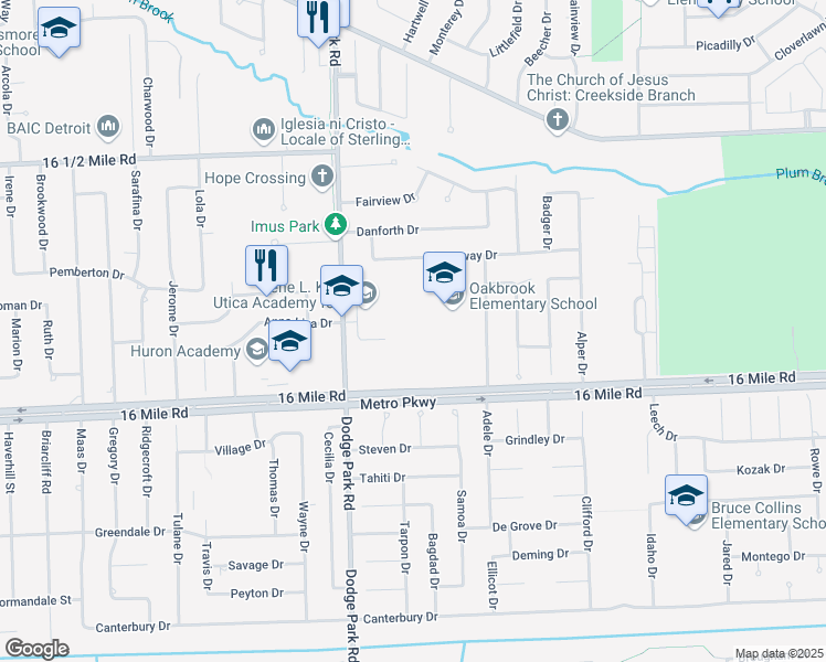 map of restaurants, bars, coffee shops, grocery stores, and more near 12060 Greenway Drive in Sterling Heights
