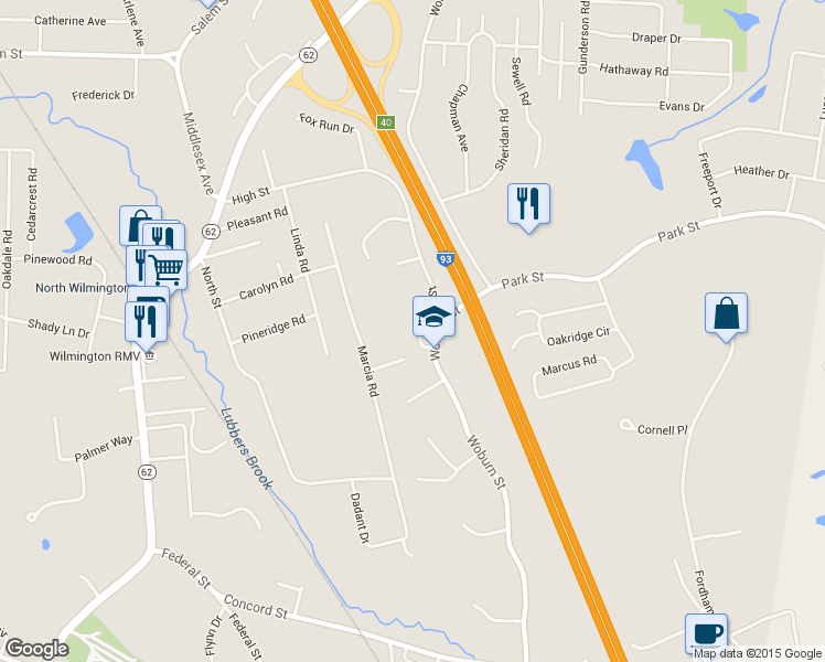 map of restaurants, bars, coffee shops, grocery stores, and more near 227 Woburn Street in Wilmington