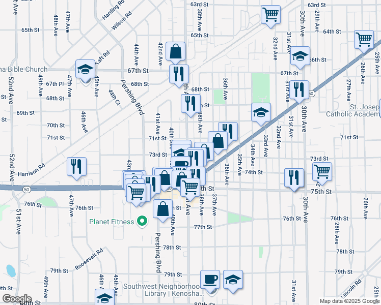 map of restaurants, bars, coffee shops, grocery stores, and more near 7215 39th Avenue in Kenosha