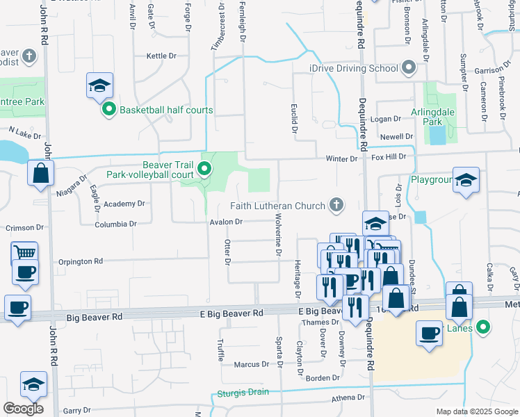 map of restaurants, bars, coffee shops, grocery stores, and more near 2678 Locksley Court in Troy