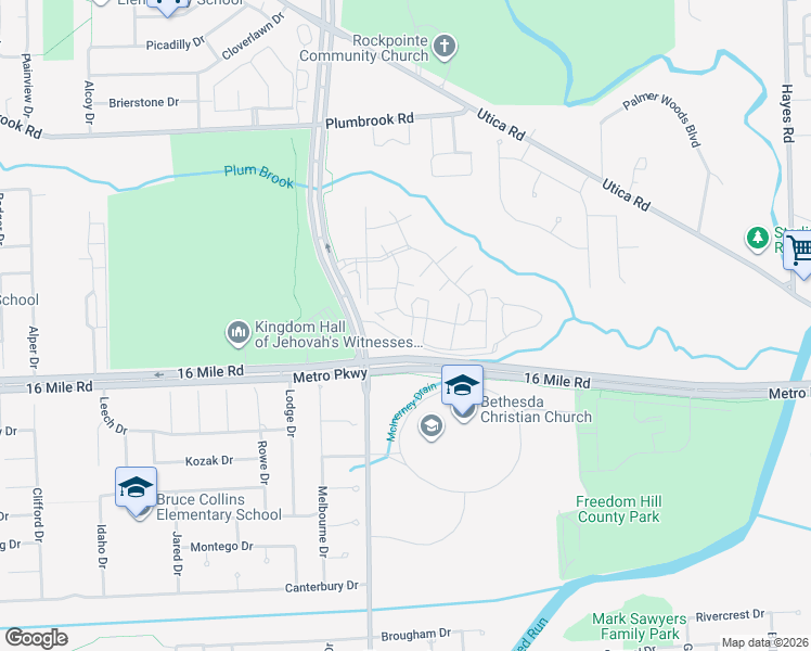 map of restaurants, bars, coffee shops, grocery stores, and more near 13990 Camelot Drive in Sterling Heights
