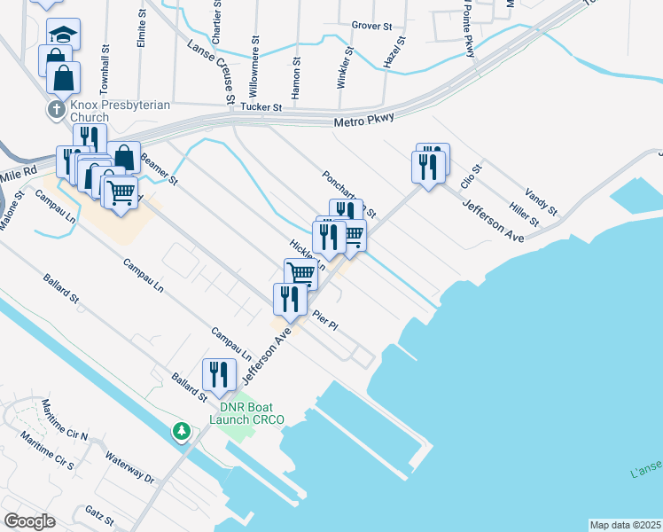 map of restaurants, bars, coffee shops, grocery stores, and more near 36633 Jefferson Avenue in Harrison Township
