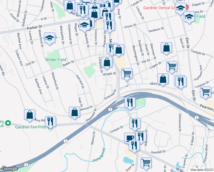 map of restaurants, bars, coffee shops, grocery stores, and more near 409 Pleasant Street in Gardner