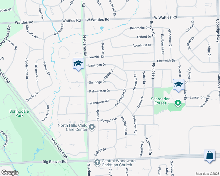 map of restaurants, bars, coffee shops, grocery stores, and more near 2840 Palmerston Drive in Troy